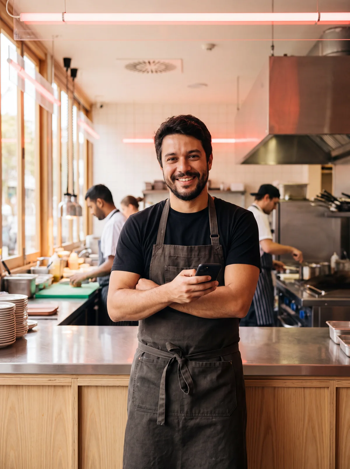 Dono de restaurante sorrindo no balcão da cozinha, com o celular na mão