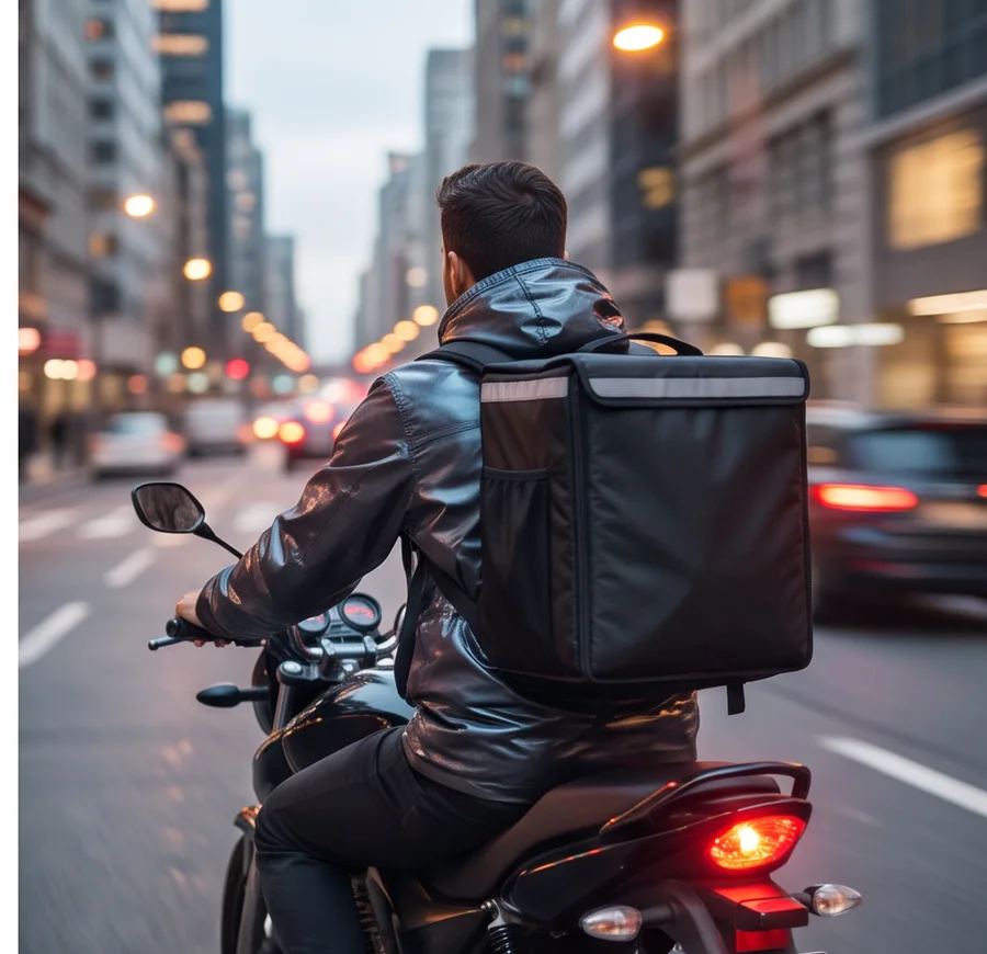 Entregador saindo com a mochila térmica pela cidade